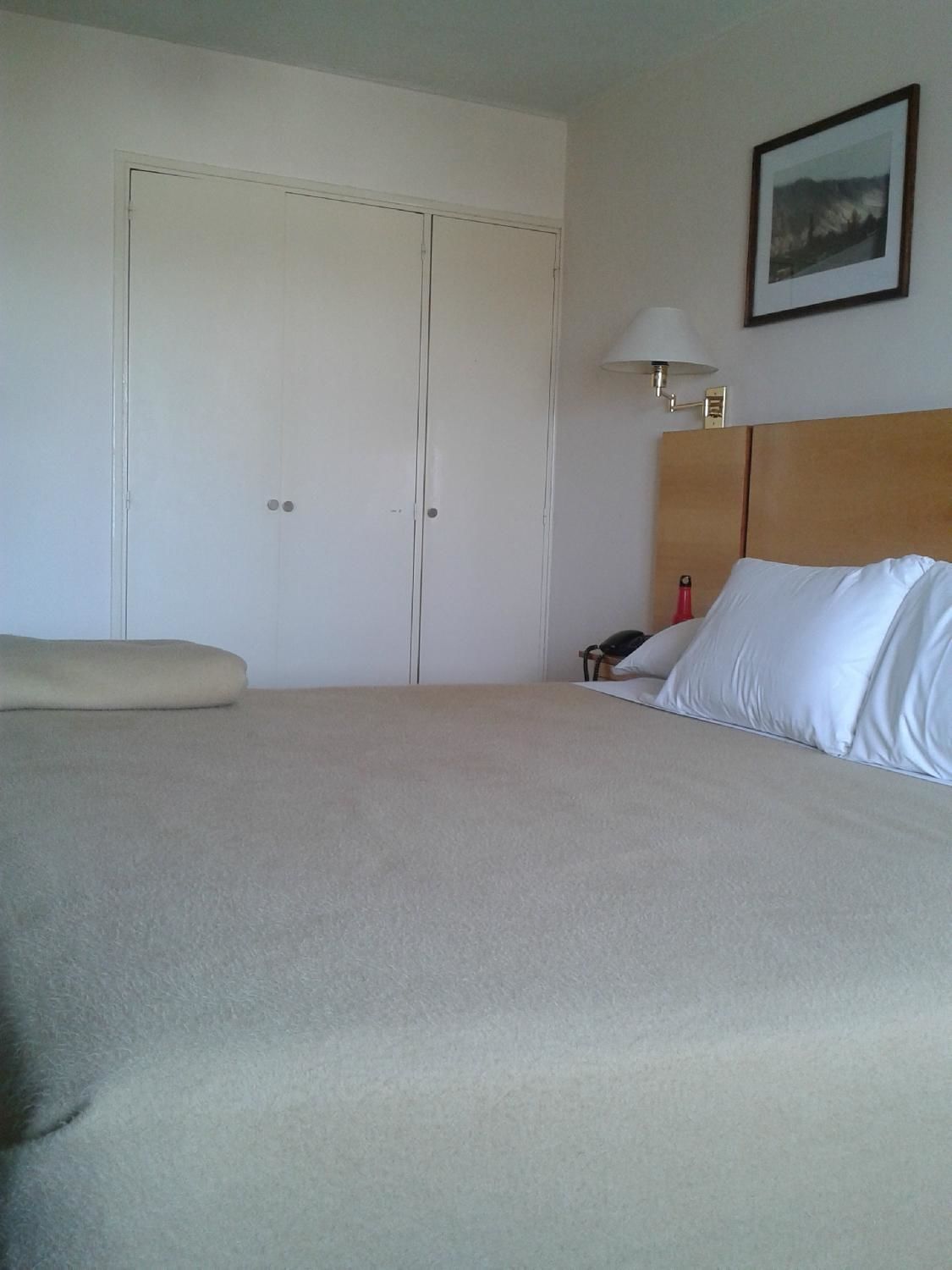 A hotel room with a large bed, a nightstand with a lamp, and a wardrobe.