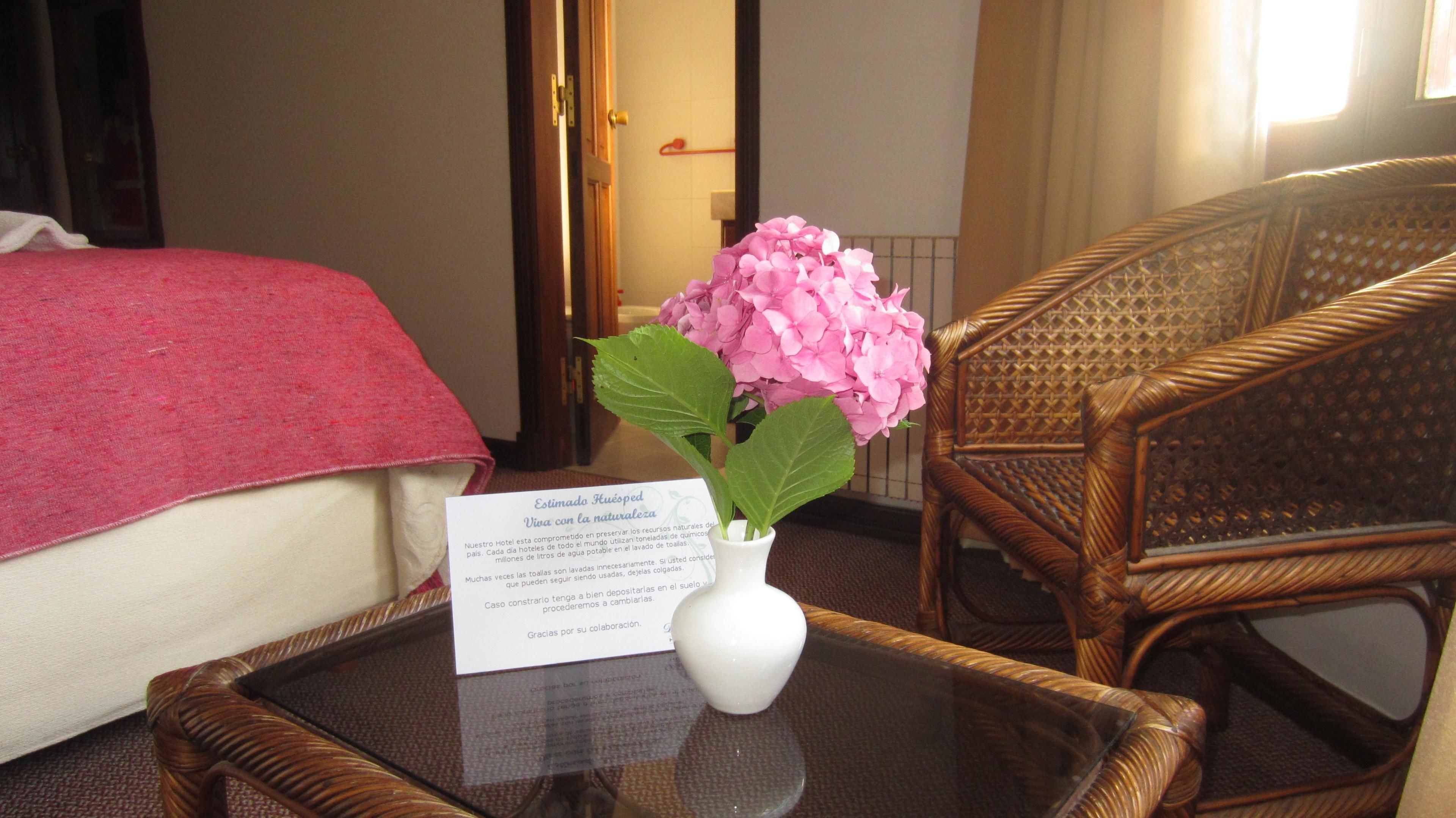 Habitación de hotel con cama, una silla de mimbre, una mesita con un jarrón de flores rosadas y un cartel sobre la reutilización de toallas.