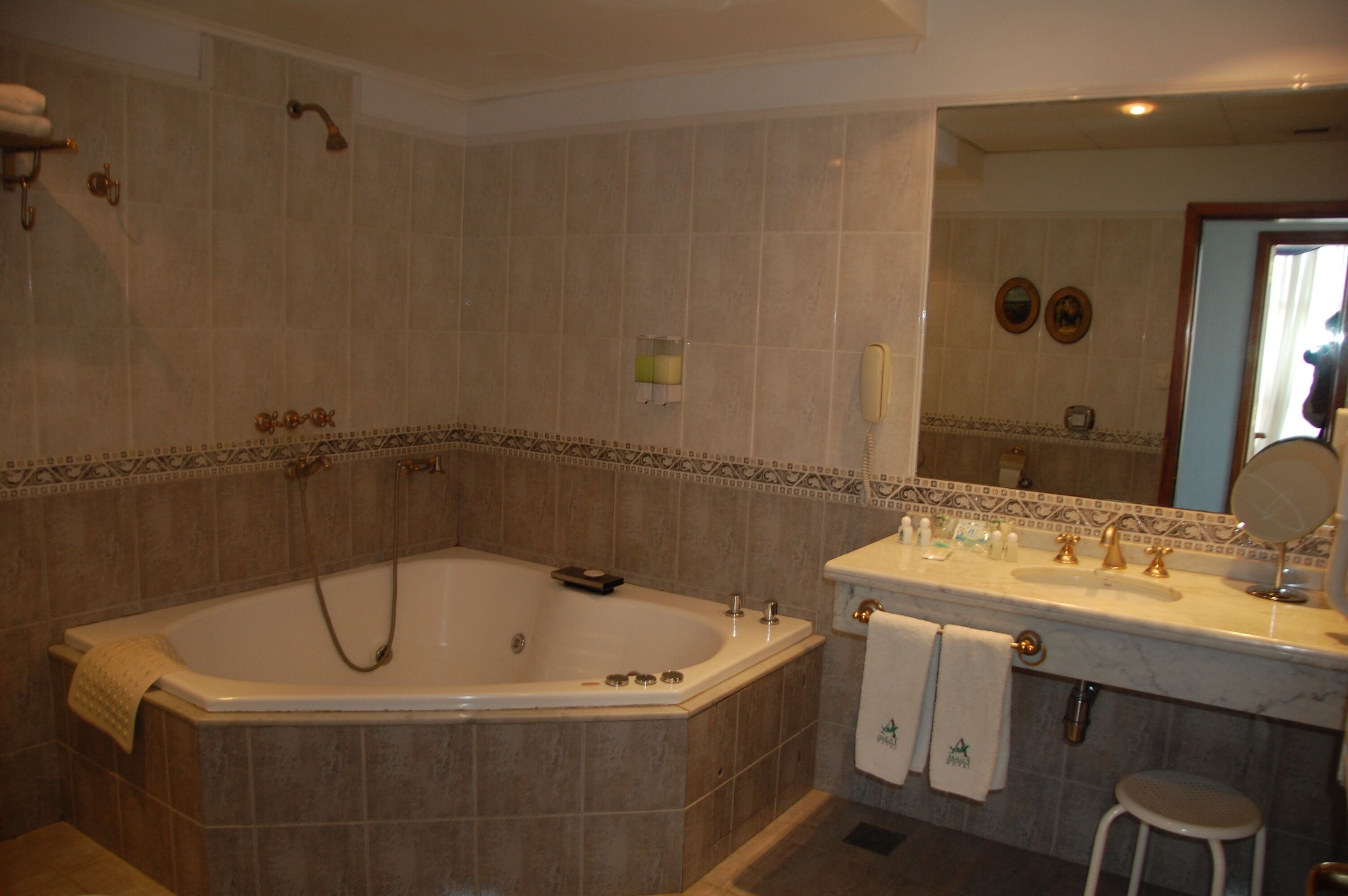 Un baño con una bañera grande, un lavabo con espejo y un inodoro.