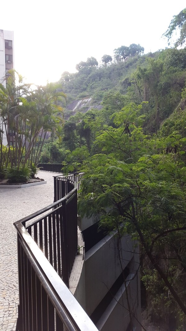 A pathway with a metal railing, surrounded by lush greenery and a hillside.