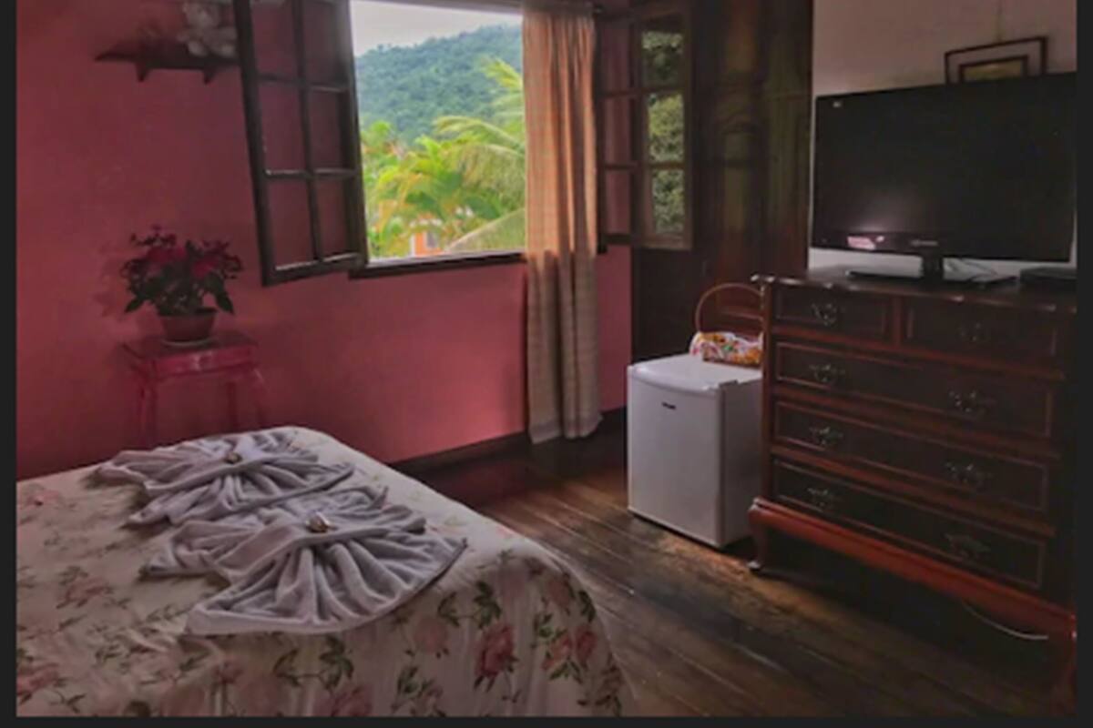 Une chambre avec un lit, un petit réfrigérateur, une télévision et une fenêtre donnant sur un paysage verdoyant.