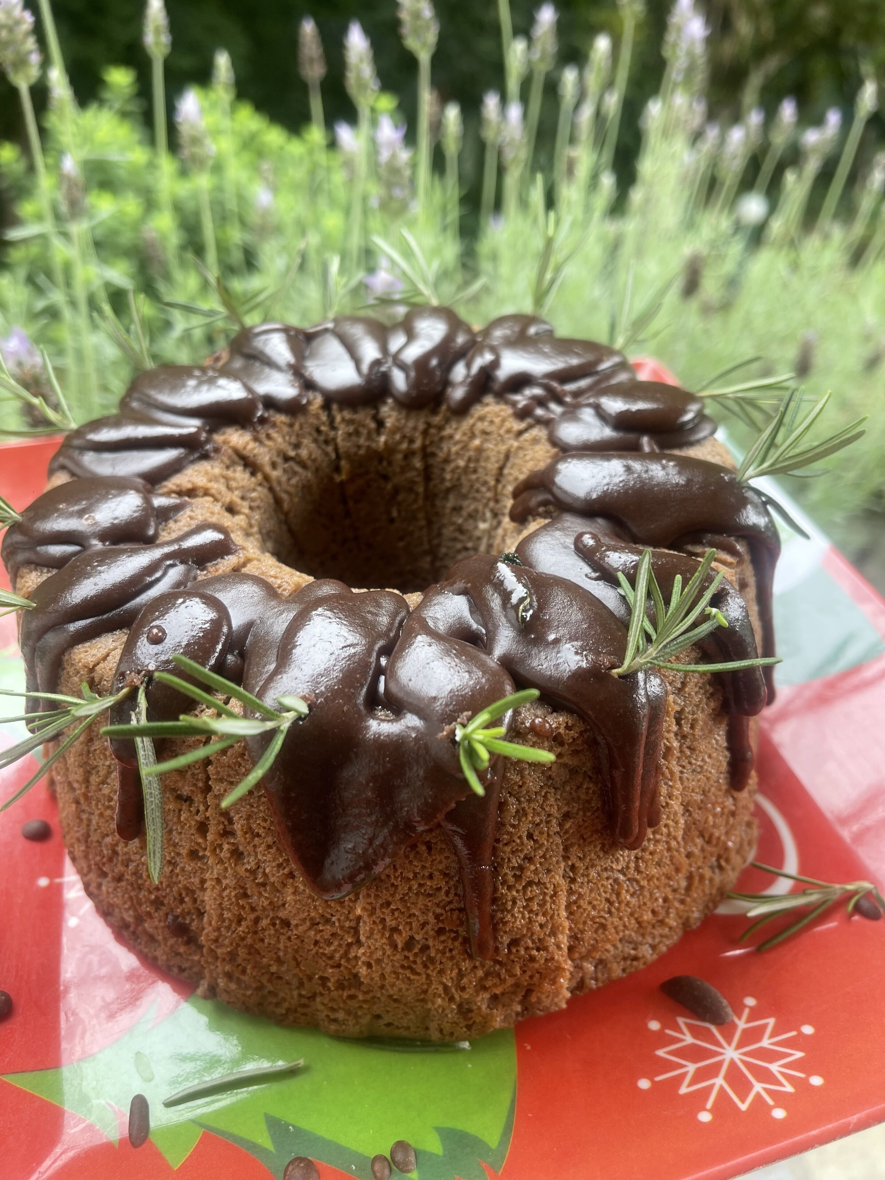 Un pastel Bundt con glaseado de chocolate y romero sobre un plato rojo.