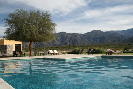 Una piscina al aire libre, sillones reclinables de piscina