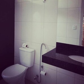 Regadera, toallas, jabón, papel de baño