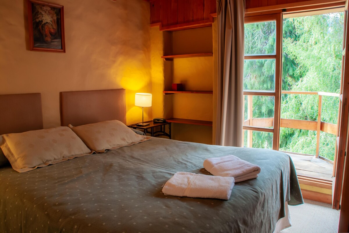 A bed with pillows, a bedside lamp, and a view of greenery through a window.