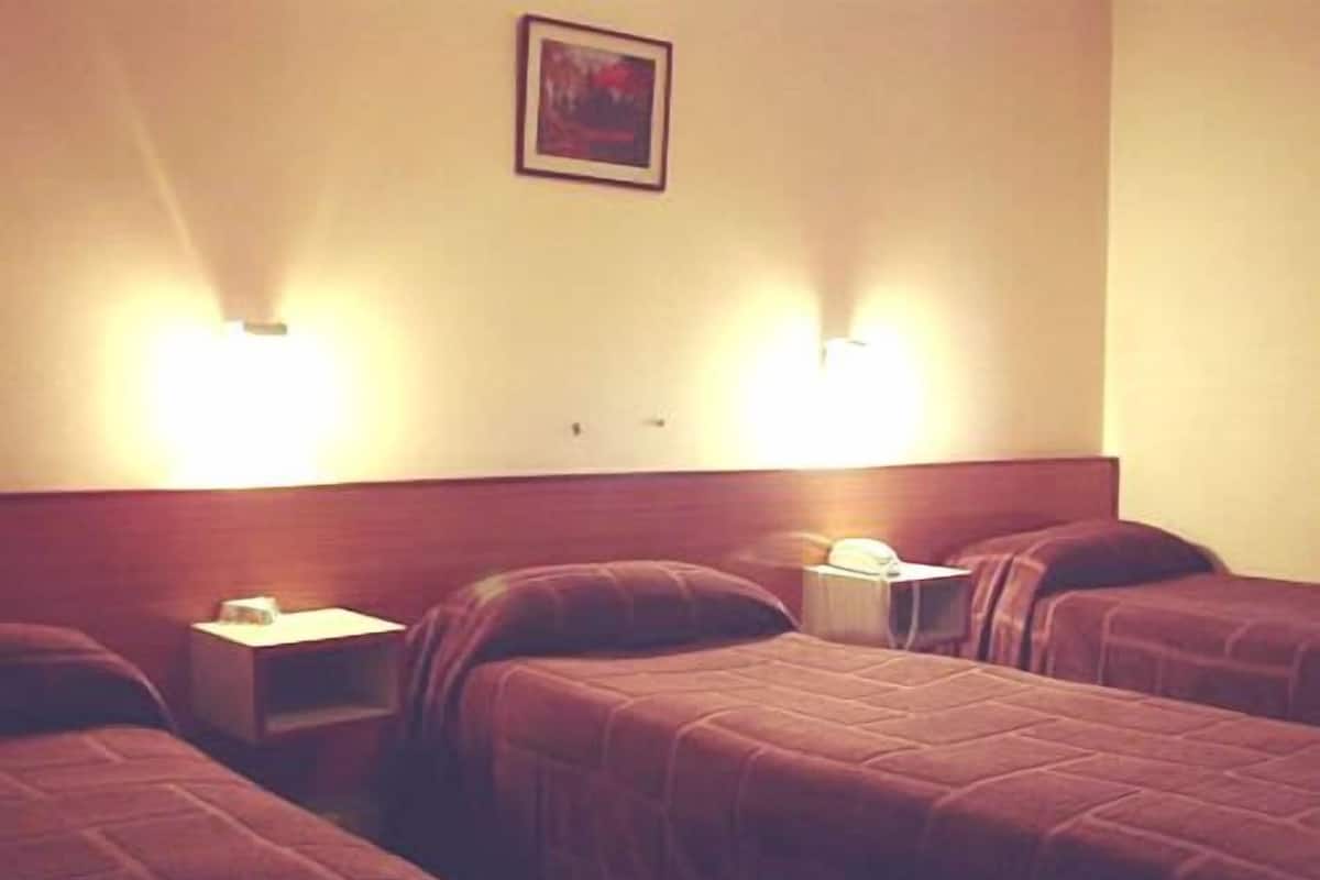A hotel room with three single beds, each with a wooden headboard and a nightstand. There is a framed picture on the wall above the beds.