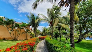 Un camino pavimentado bordeado de exuberante follaje y flores rojas, que atraviesa un jardín tropical con palmeras y un cielo azul despejado.