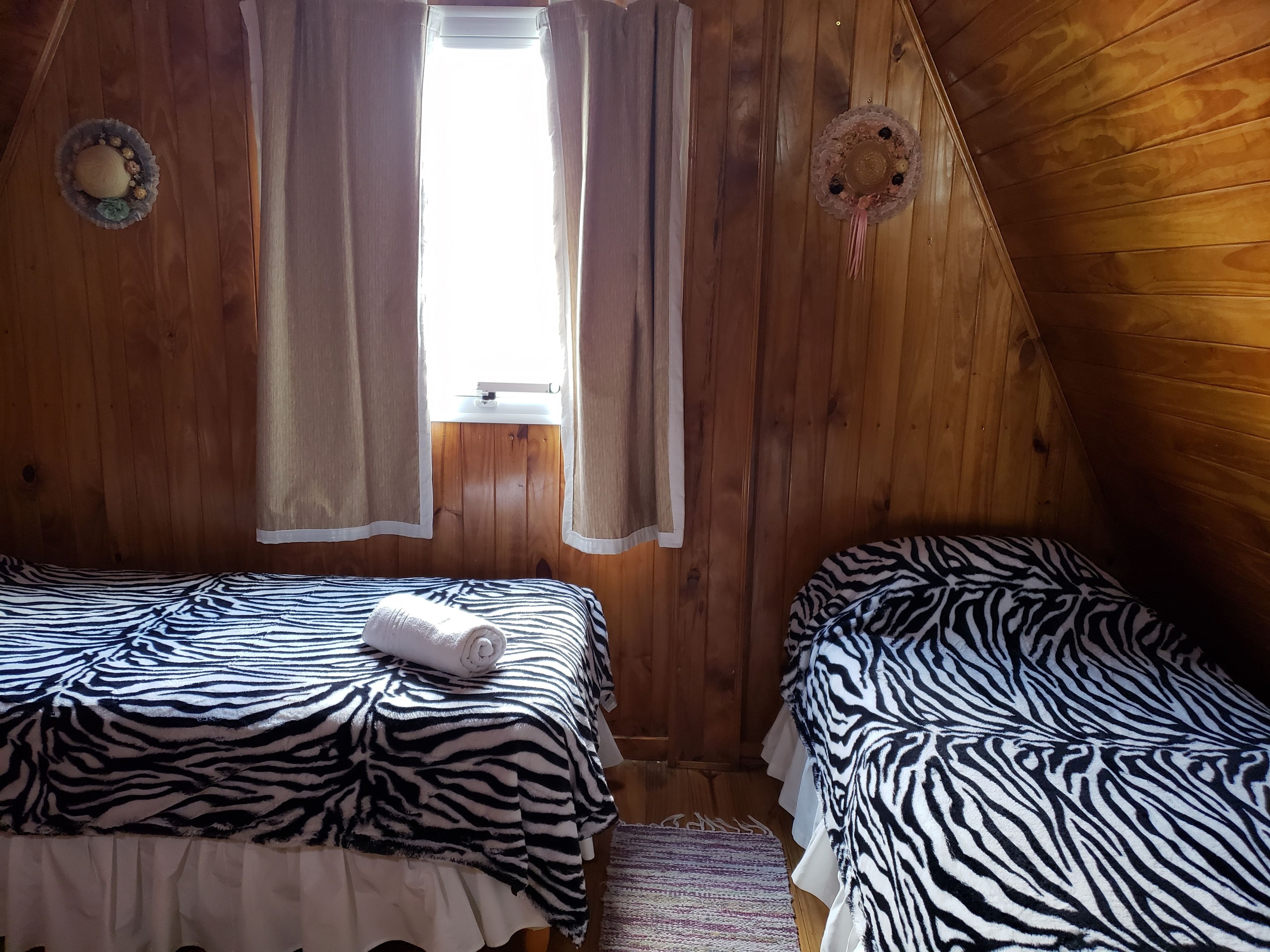 Ein gemütliches Zimmer mit Holzwänden, zwei Betten mit Zebra-Muster Bettwäsche, einem Fenster mit Vorhängen und einem kleinen dekorativen Gegenstand an der Wand.