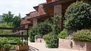 Un edificio moderno con fachada de ladrillo y vigas de madera, rodeado de abundante vegetación y un sendero de grava.