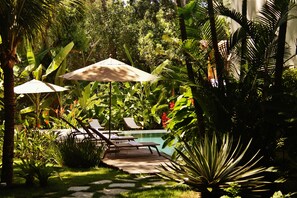 Piscina externa, piscina com cascata, guarda-sóis, espreguiçadeiras