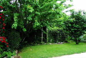 Un jardín exuberante con diversas especies de árboles y arbustos, un césped bien cuidado y un sendero de piedra.