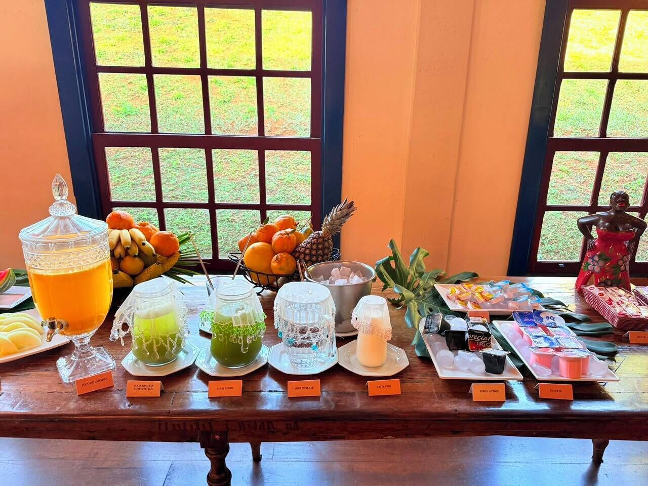 A buffet table with various food and drink options, including fruits, juices, and desserts, set against a backdrop of windows with a view of greenery.