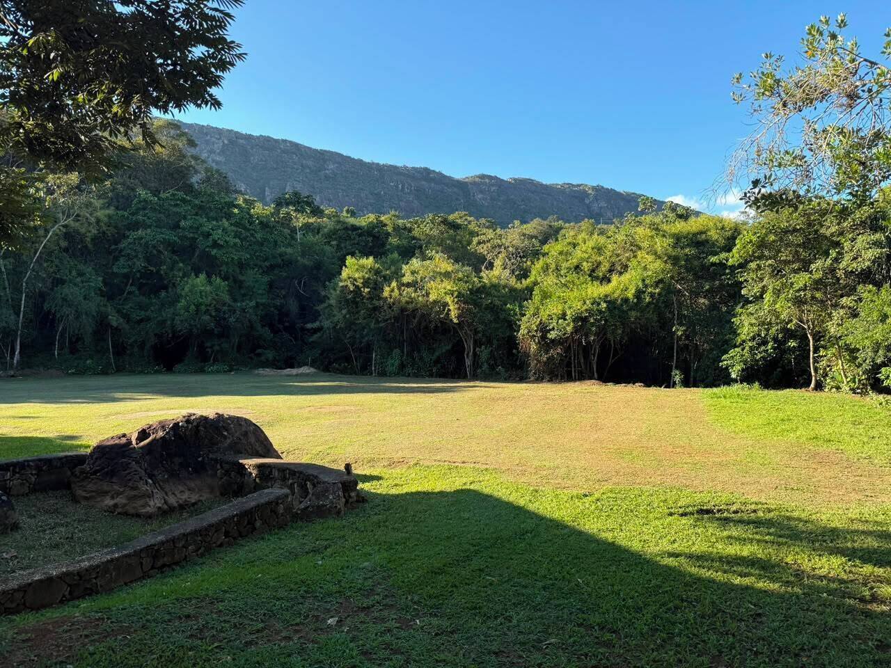 Un campo cubierto de hierba con una estructura de piedra en primer plano y árboles densos al fondo.