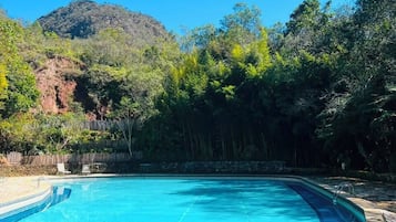 Ein Schwimmbecken mit Steinrand, umgeben von Bäumen und einem Berg im Hintergrund.