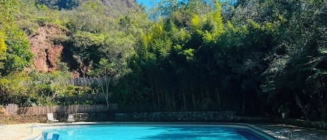 A swimming pool with a stone border, surrounded by trees and a mountain in the background.