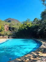 A swimming pool with a stone border, surrounded by trees and a mountain in the background.