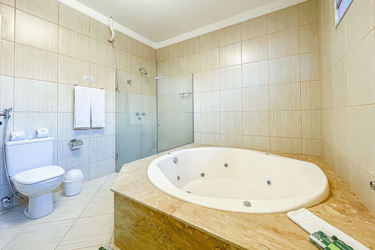 A modern bathroom with a freestanding bathtub, a toilet, and a shower area.