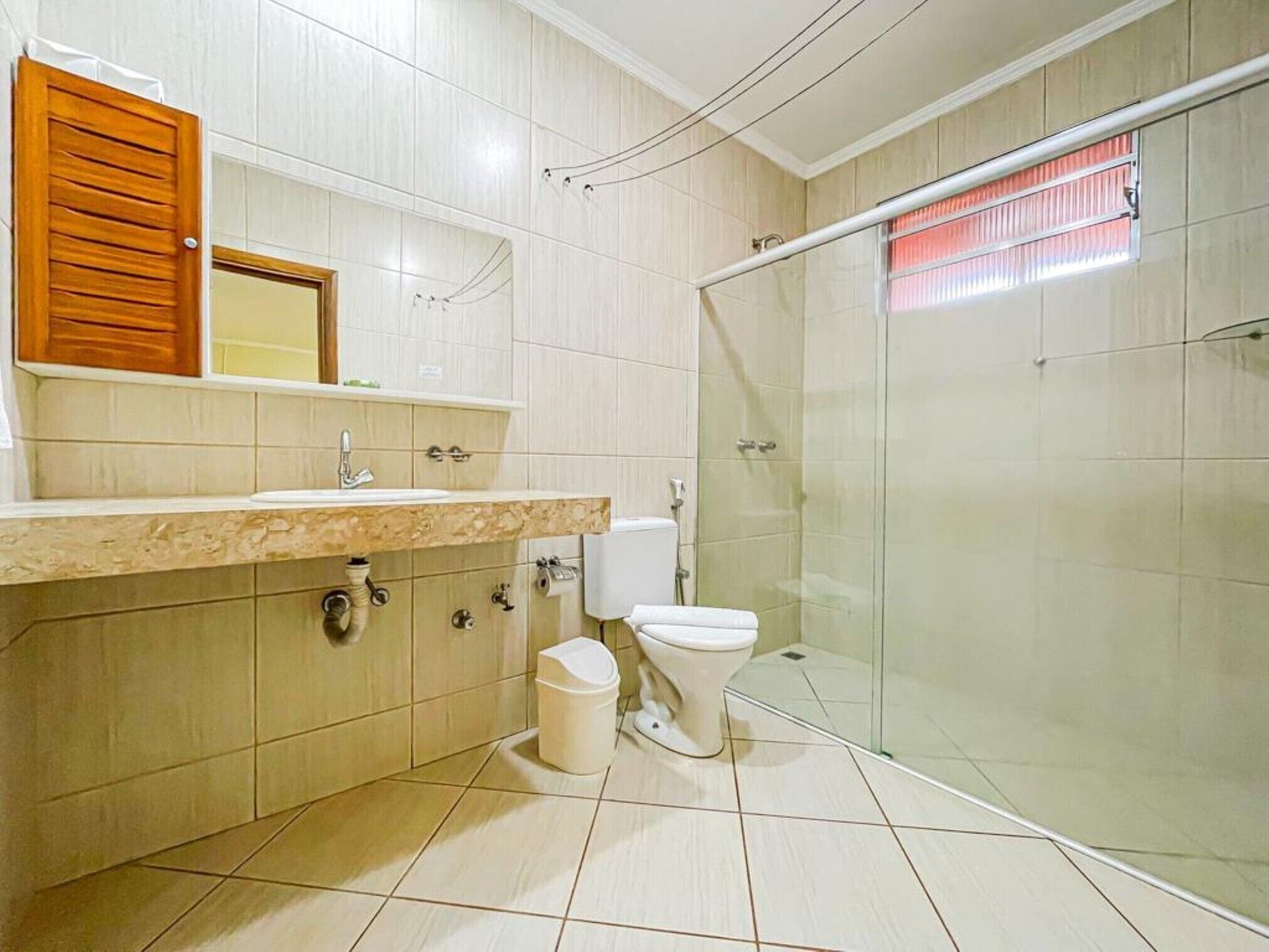 family room, pool view | bathroom | shower, hair dryer, towels