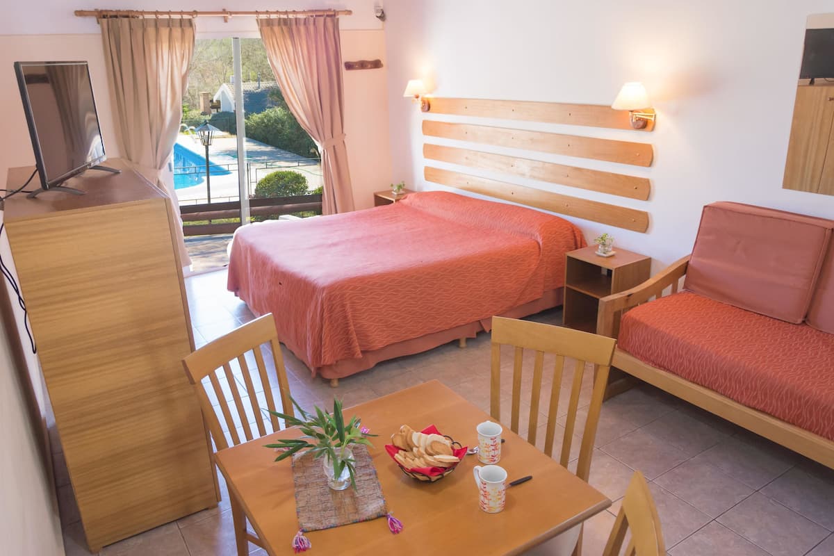 A hotel room with a bed, a sofa, a desk with a computer, and a dining table with a plant and snacks.
