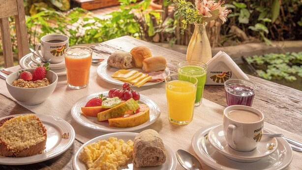 Desayuno al aire libre con diversos alimentos y bebidas sobre una mesa, rodeado de abundante vegetación.