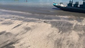 Una playa con un barco anclado en la arena y un bote pequeño en el agua.