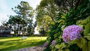A stone pathway leading to a bench in a well-maintained garden with hydrangea flowers and a lawn. - Hotel Apartur Mar del Plata (Mar del Plata)