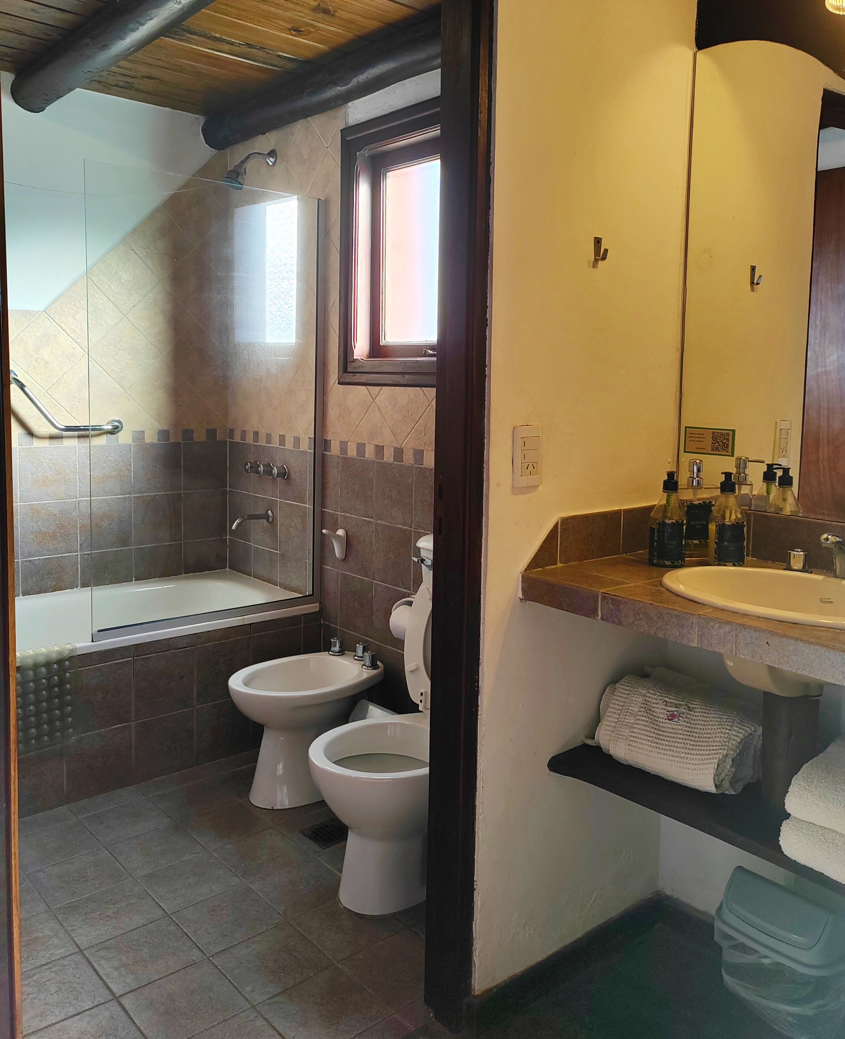 combined shower/bathtub, free toiletries, hair dryer, bathrobes