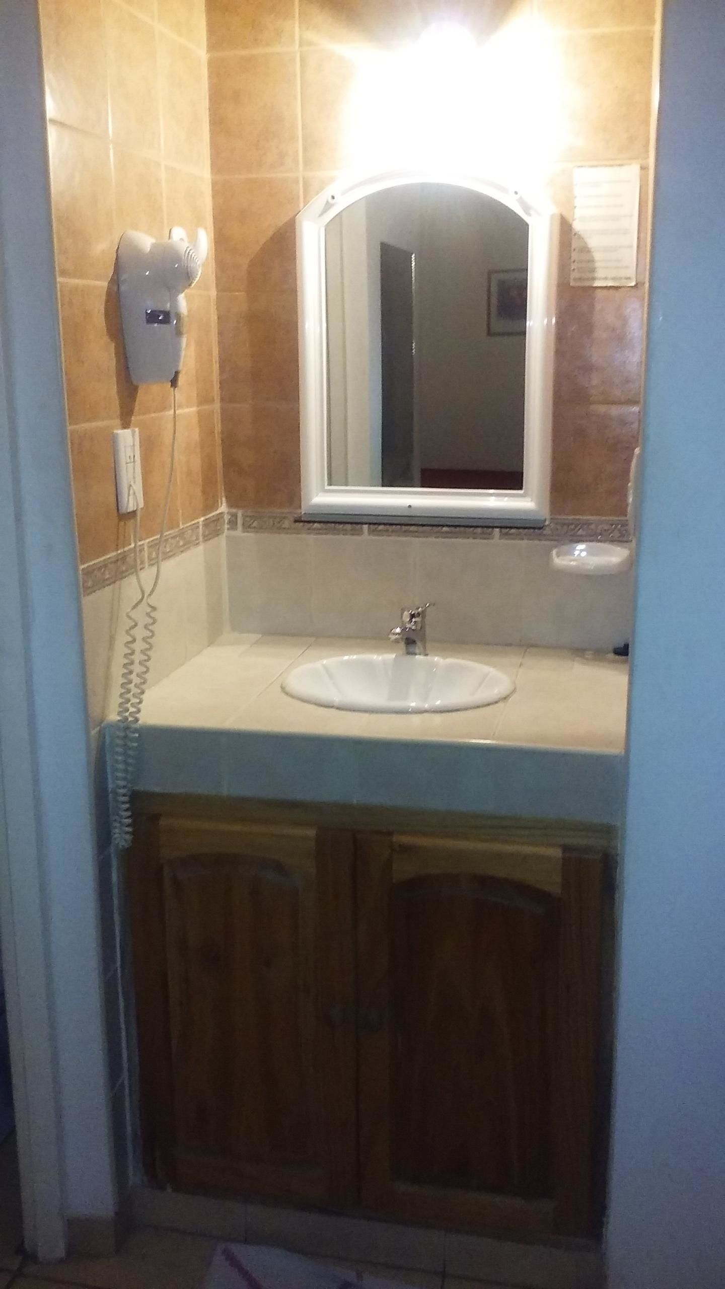 A bathroom with a white sink, a mirror, and wooden cabinets.