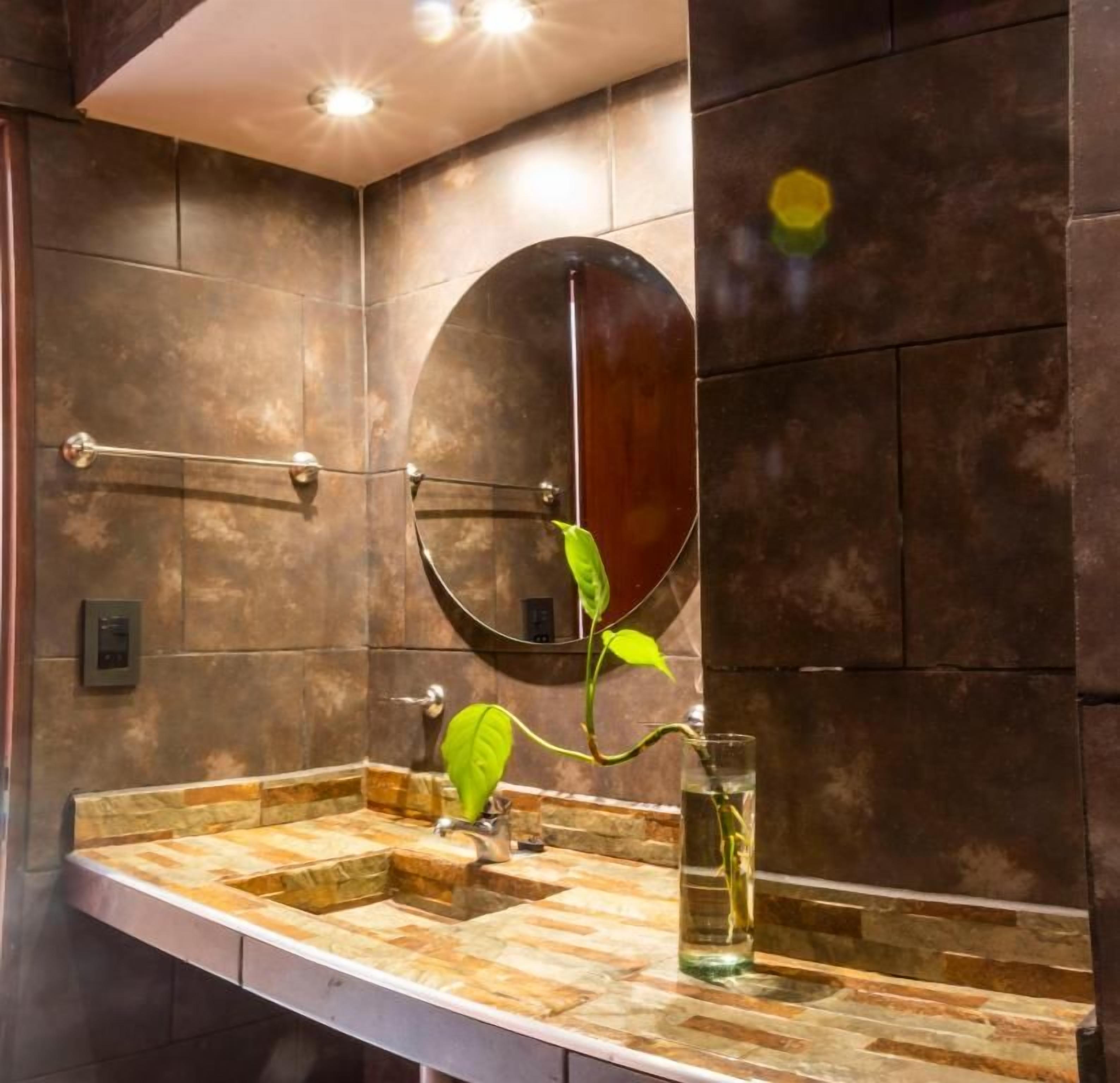 Un baño con tocador curvo, un espejo y una planta en un jarrón de vidrio.