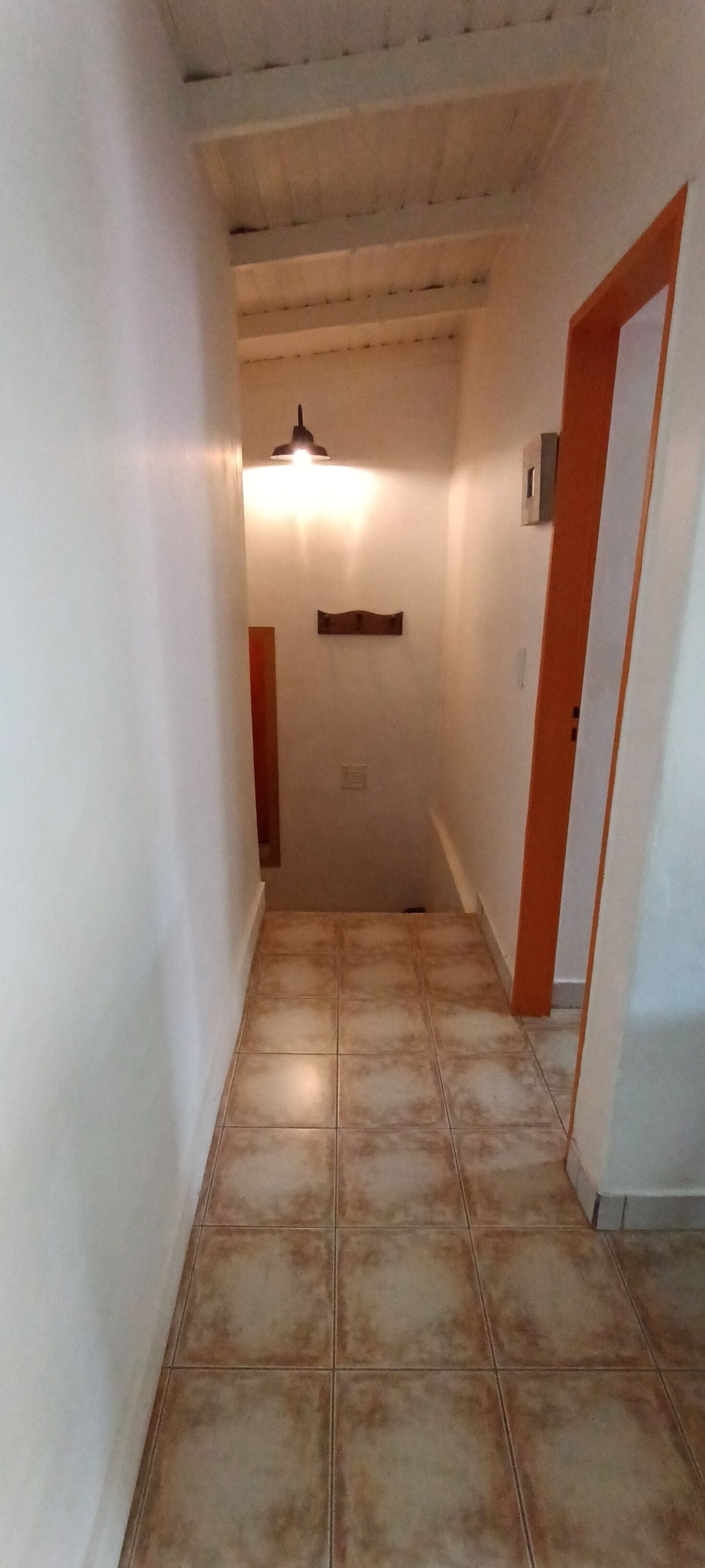 Passadís estret amb sòl de rajola, una làmpada al sostre i una porta amb marc taronja a la dreta.