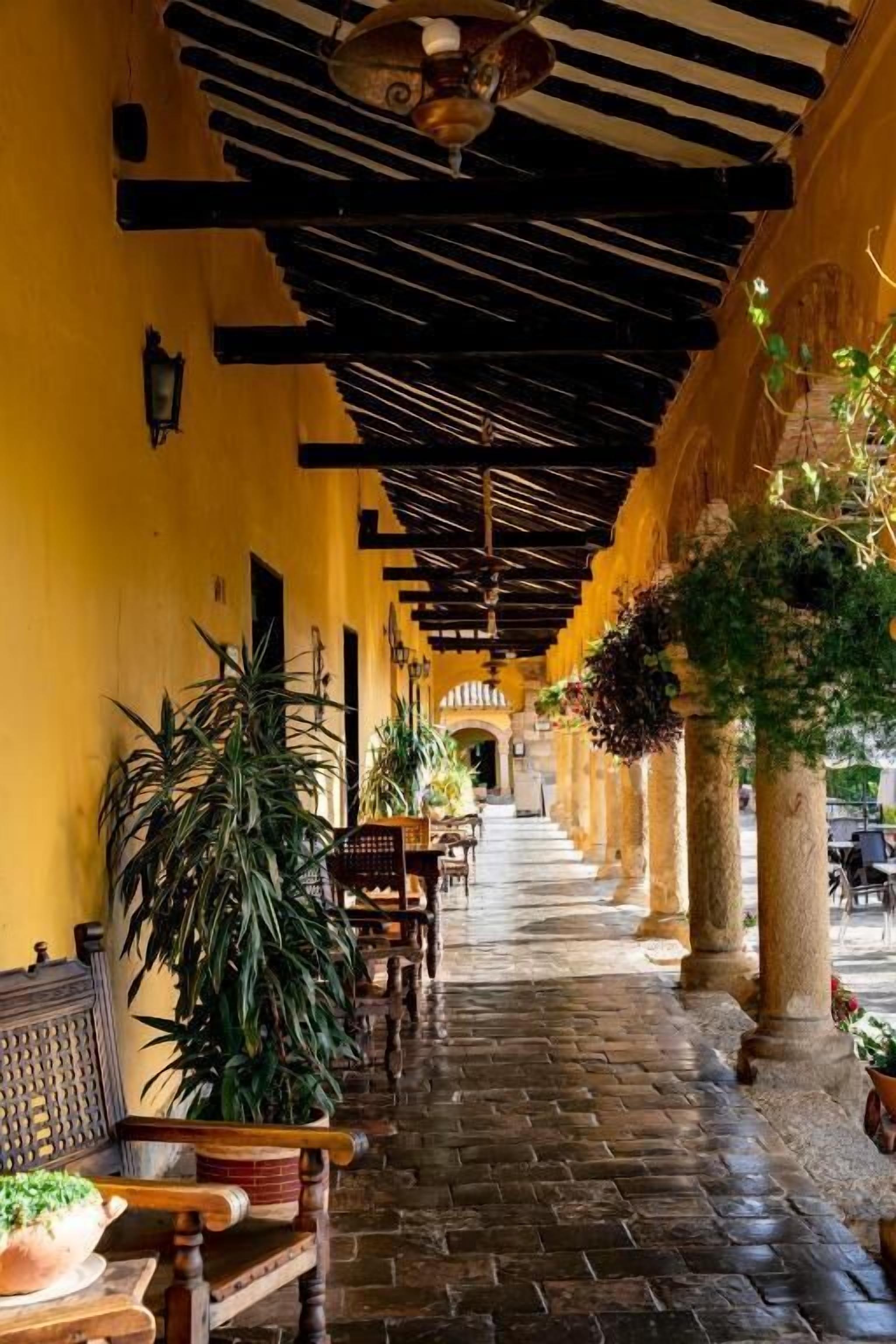 A corridor with wooden beams, potted plants, and benches.