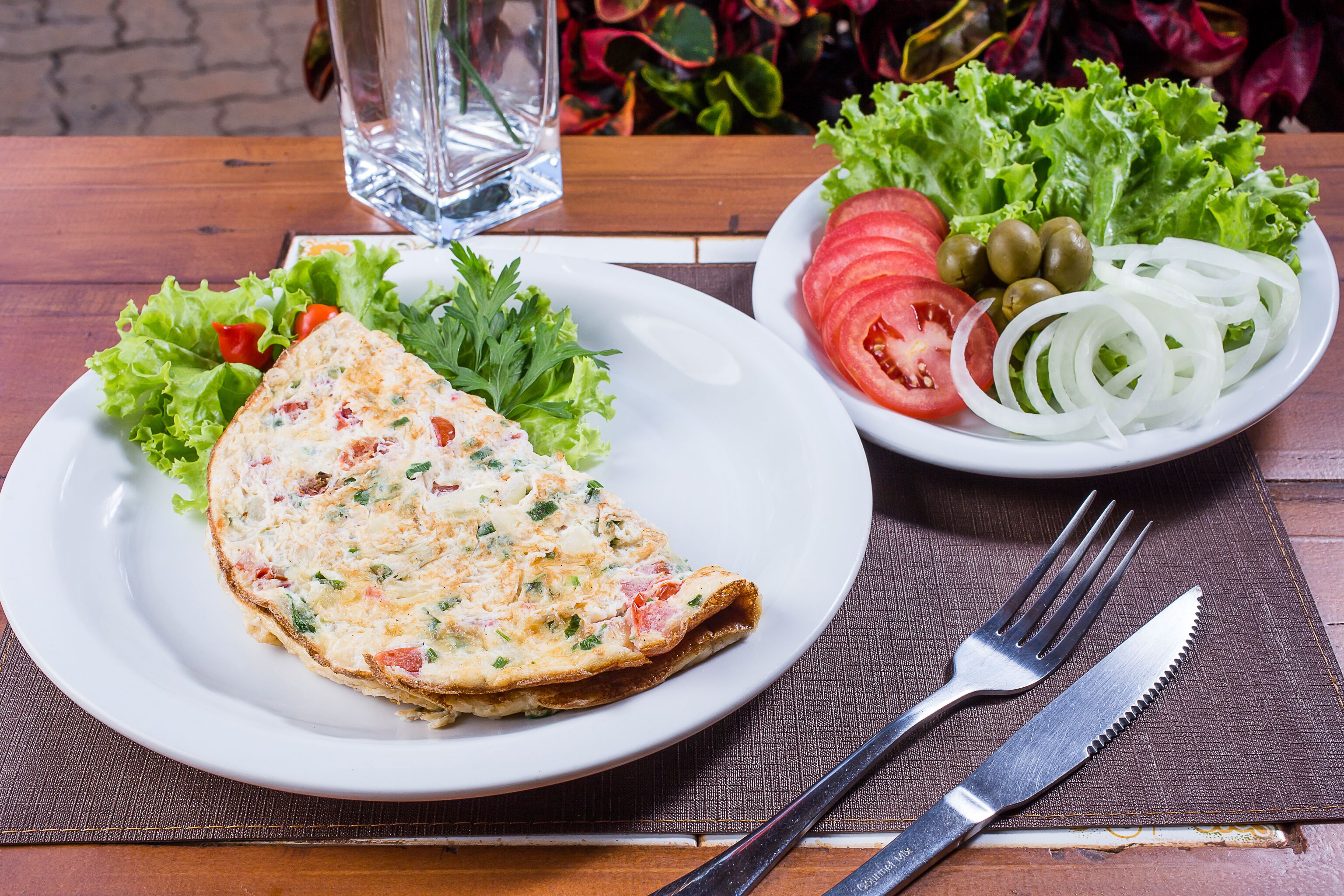 Une assiette contenant une portion d’omelette, une salade, ainsi qu’une garniture de tomates et d’oignons coupés en tranches.