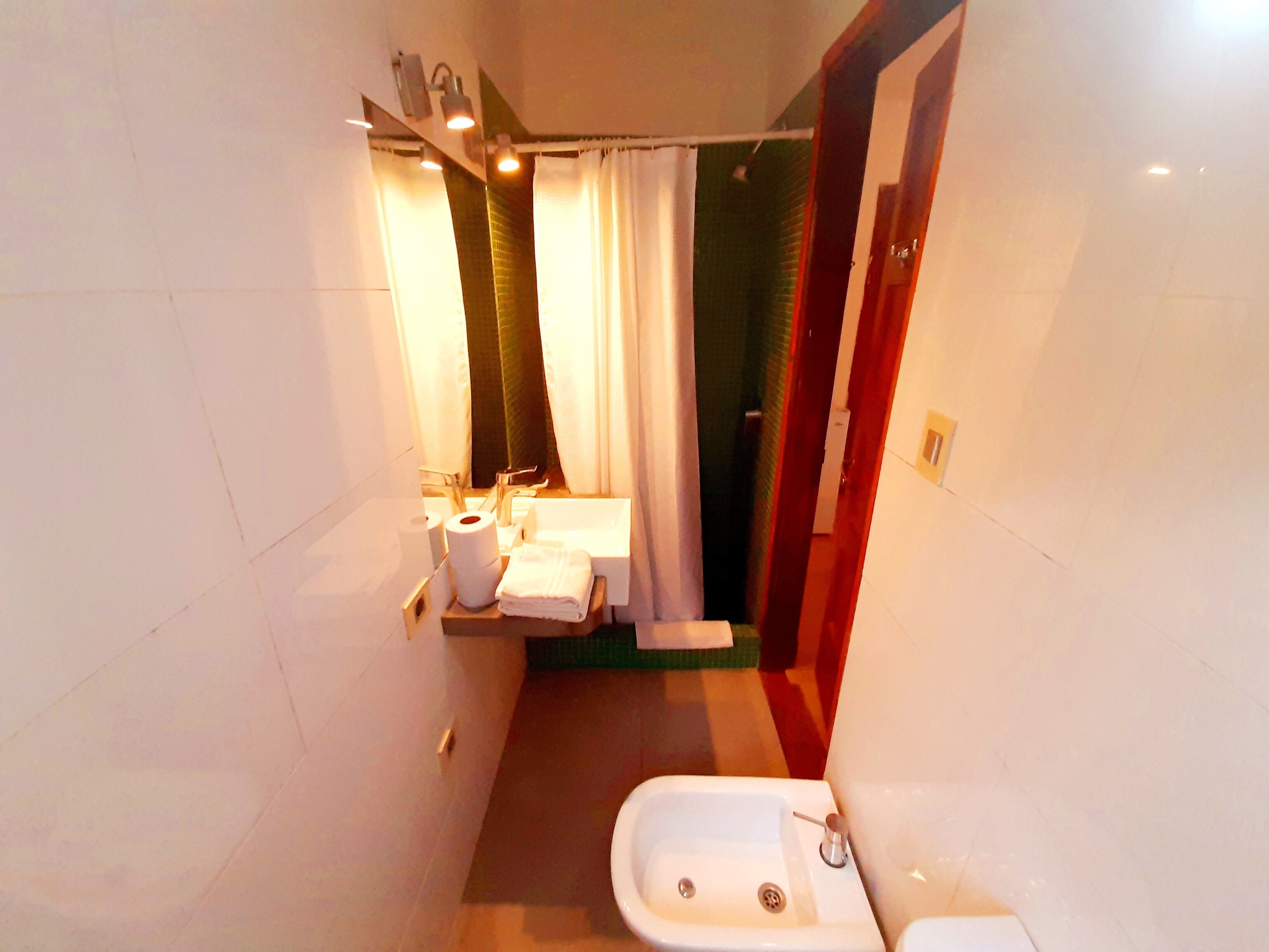 A narrow bathroom with a sink, toilet, and shower area.