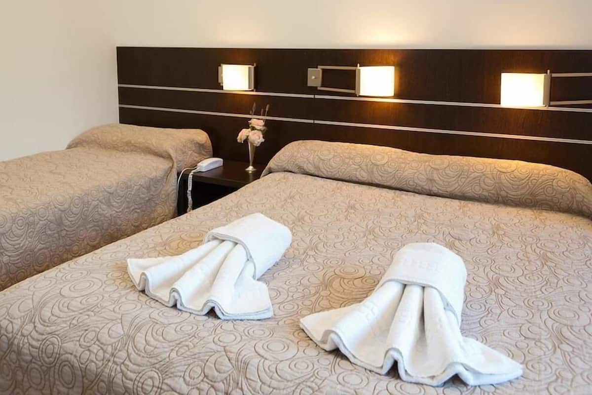 A hotel room with two beds, each with a patterned bedspread and a folded towel. There is a nightstand with a lamp and a vase of flowers.