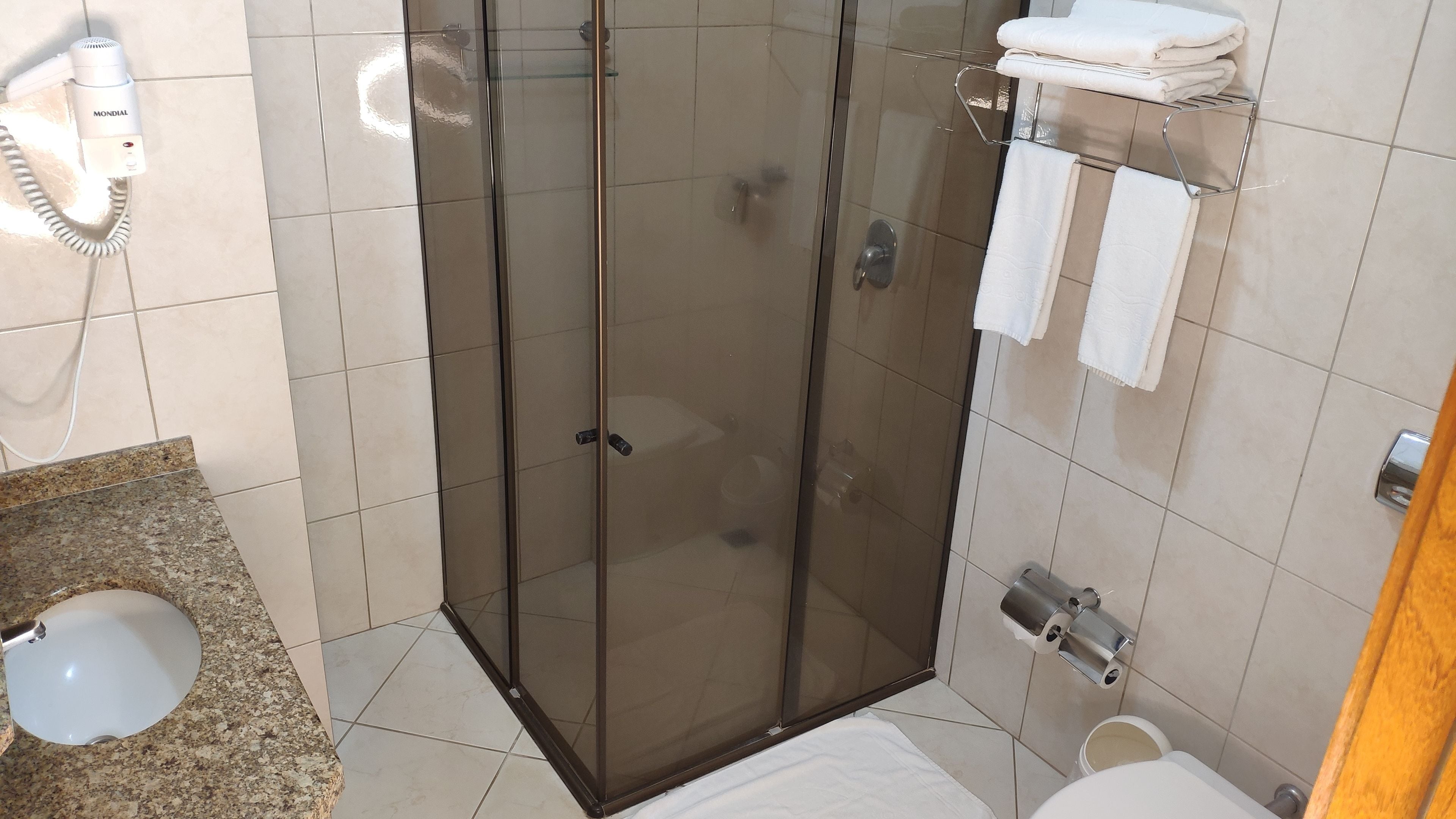 hair dryer, bidet, towels, soap