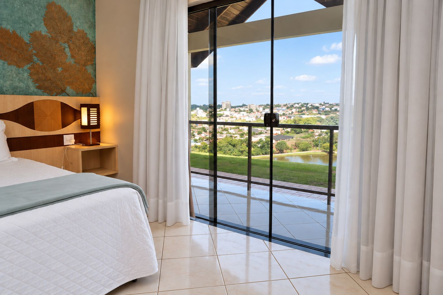 A hotel room with a bed, a nightstand, a lamp, and a view of a cityscape through large windows.