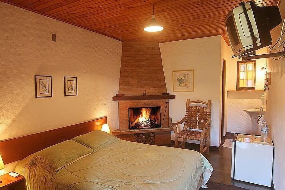 A bedroom with a bed, a fireplace, a chair, and a small table.