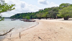 A sandy beach with boats docked near the shore and a forested hill in the background.