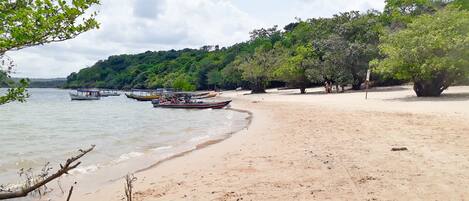 A sandy beach with boats docked near the shore and a forested hill in the background.