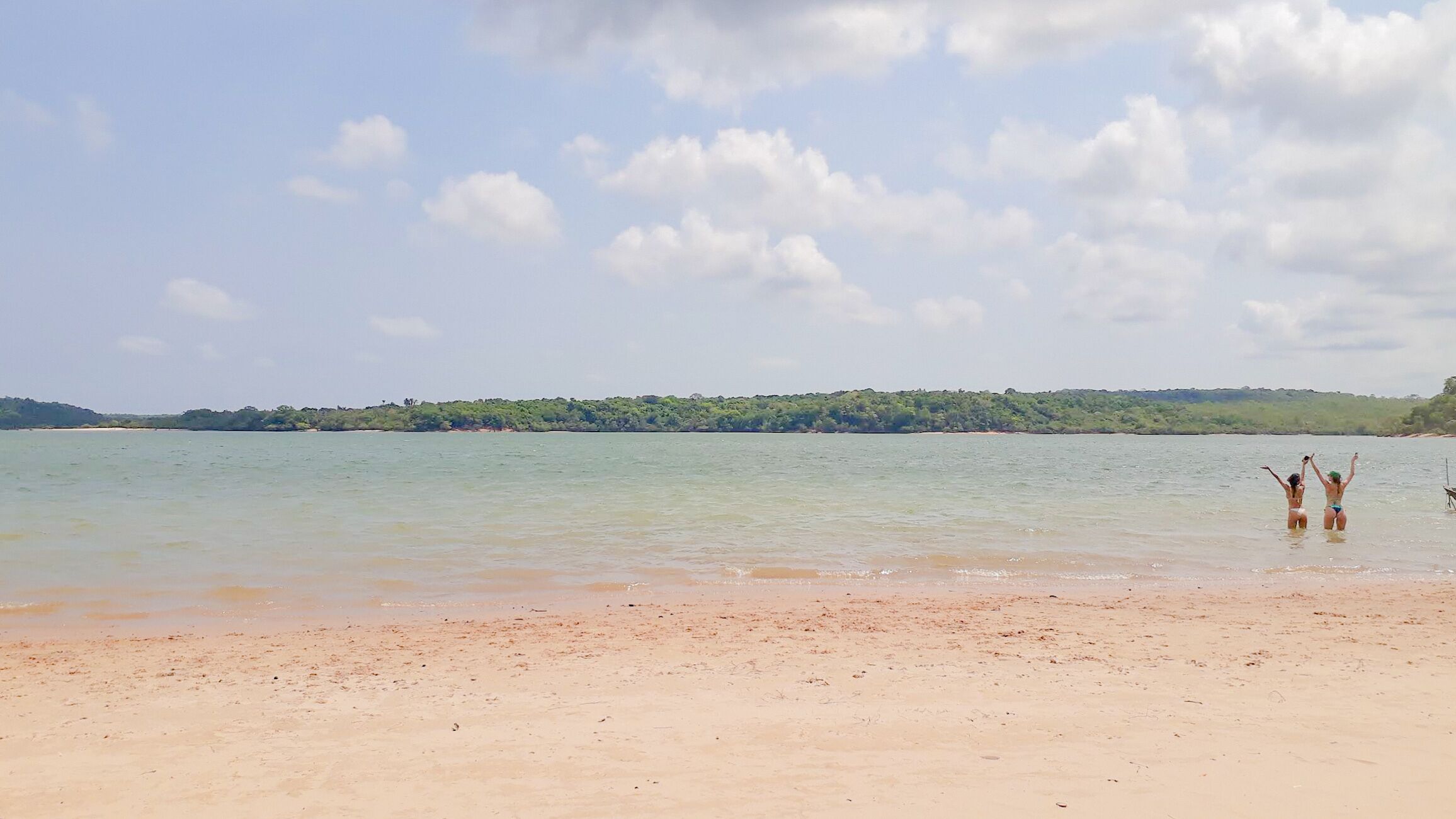 A beach with clear water, a sandy shore, and a distant green landscape.