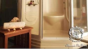 Shower, free toiletries, hair dryer, towels