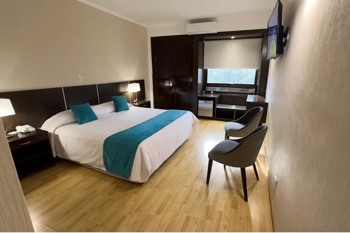 Una habitación de hotel con una cama, un escritorio, una silla, un televisor y una ventana.