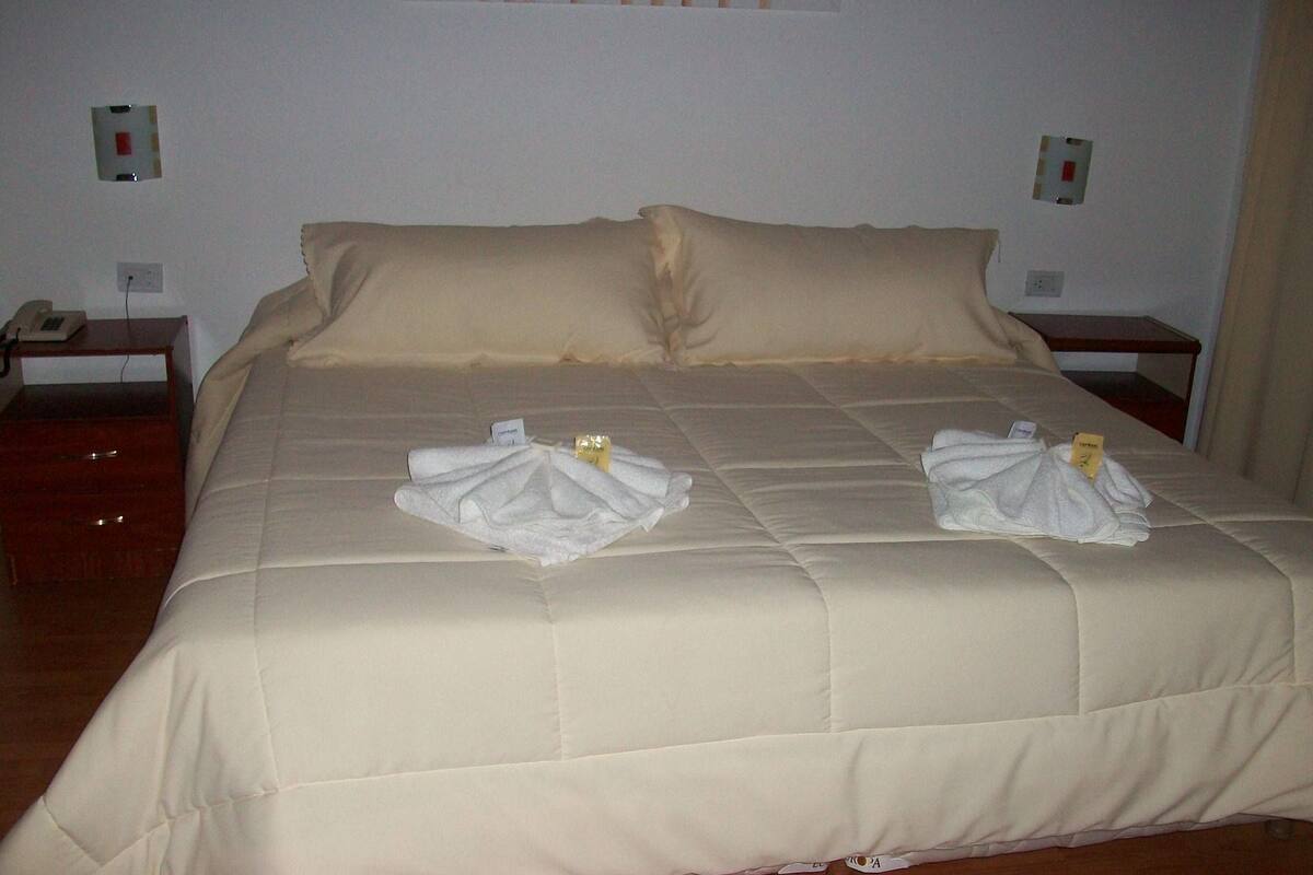 A hotel room with a large bed, two pillows, a nightstand with a phone, and a wall-mounted light switch.