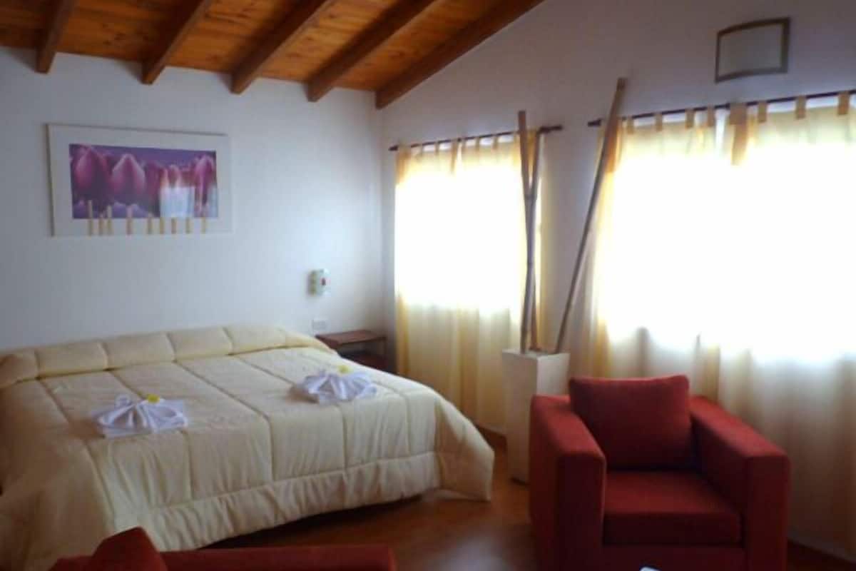 A bedroom with a large bed, a red armchair, and a window with curtains.