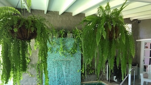 Una piscina con plantas colgantes y una pared de mosaicos.