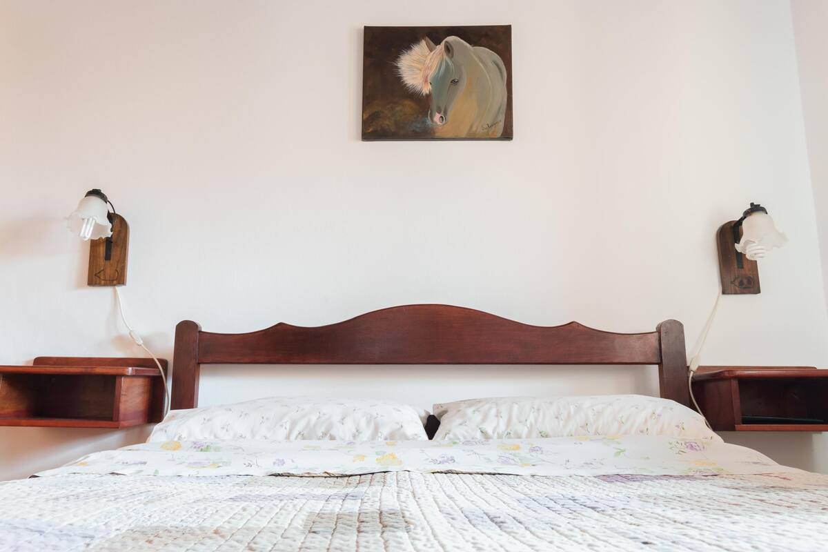 A bedroom with a wooden headboard, a floral bedspread, and a painting of a horse on the wall.