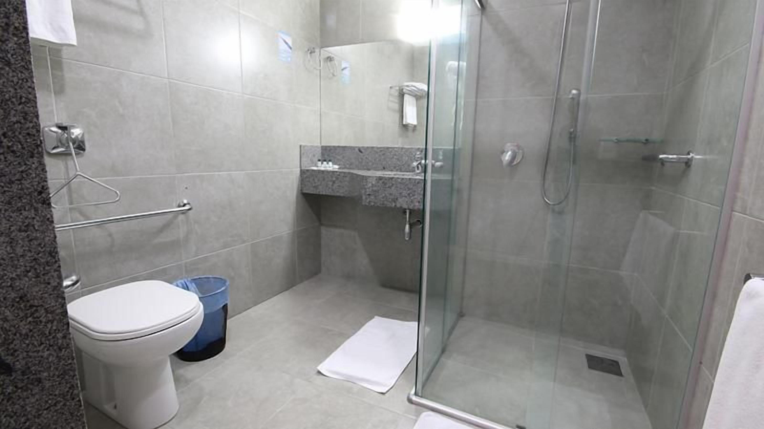 A modern bathroom with a glass shower enclosure, a toilet, and a sink with a countertop.