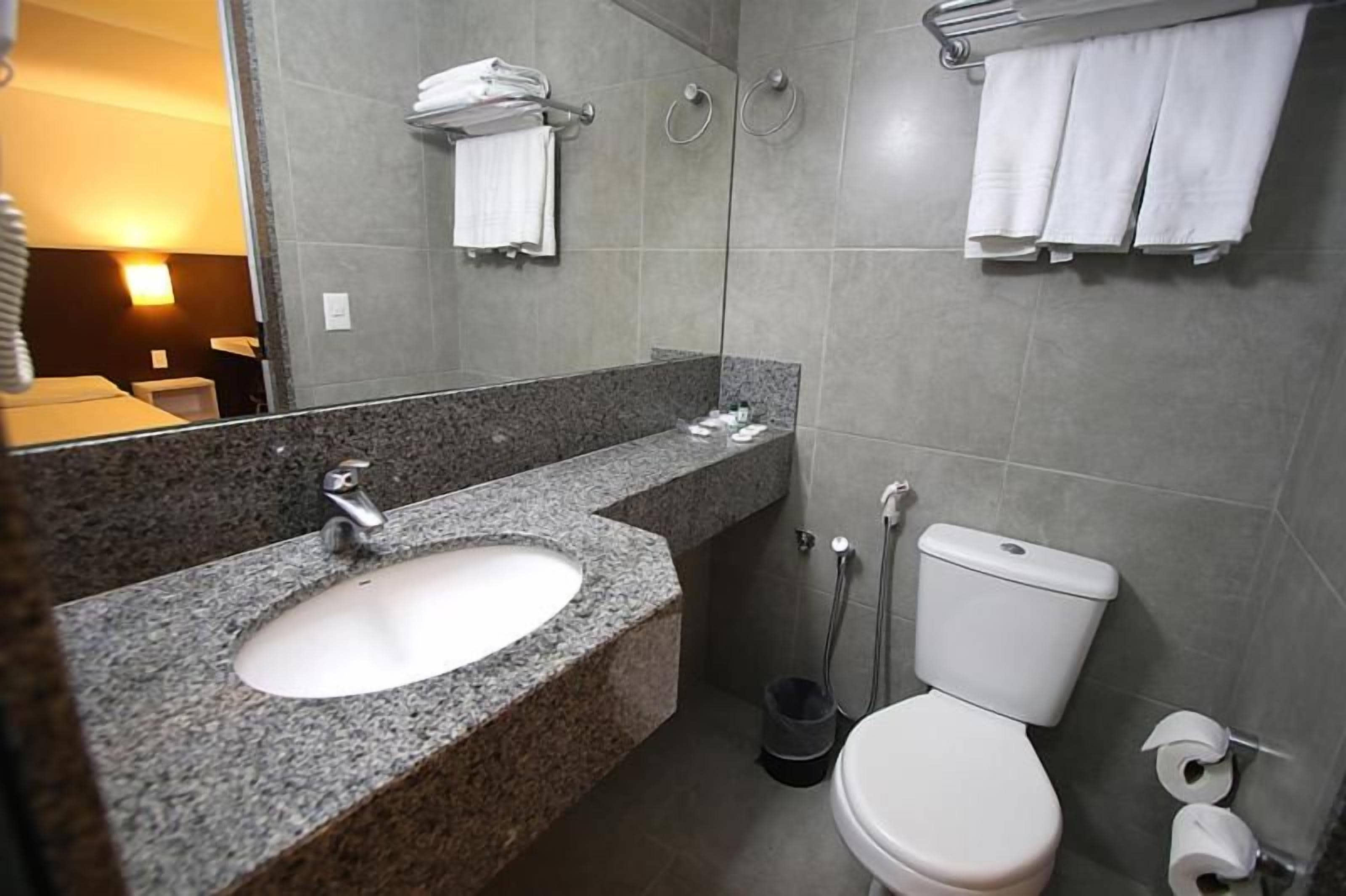 A bathroom with a granite sink, a toilet, and a shower.