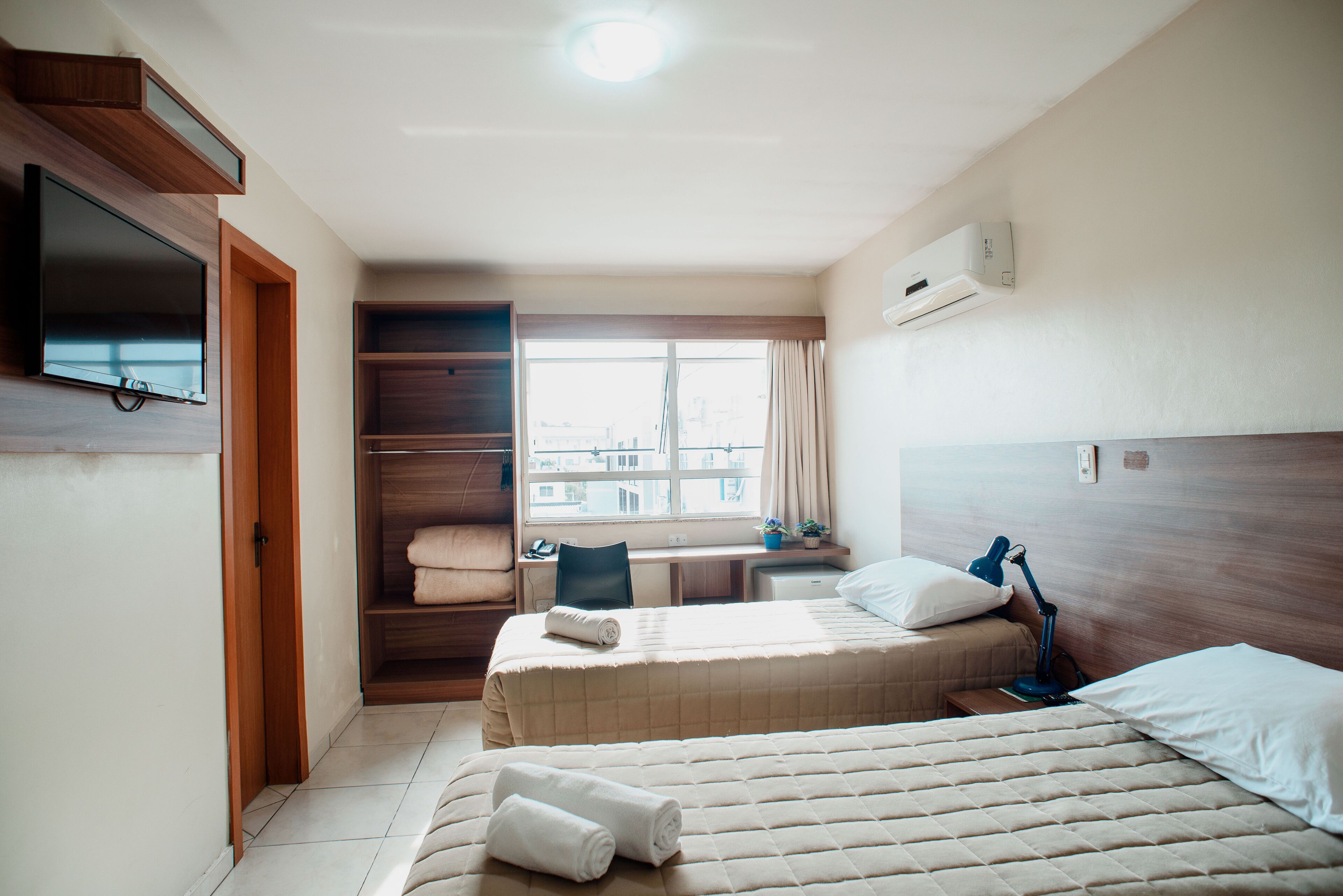 Minibar, desk, laptop workspace, blackout curtains