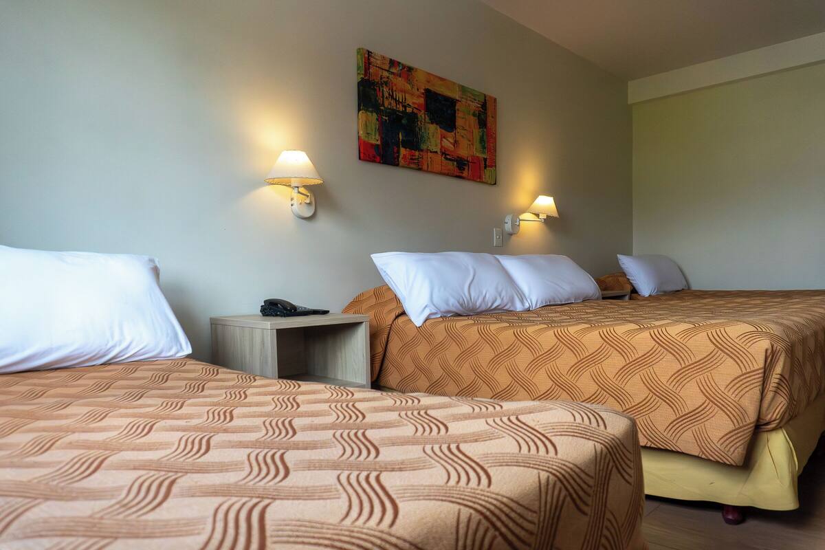 Ein Hotelzimmer mit zwei Betten, jeweils mit einem gemusterten Überwurf, einem Nachttisch mit Telefon und einem an der Wand hängenden abstrakten Gemälde.